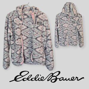 Eddie Bauer Quest Plush Fleece Geometric  Full Zip Hooded Jacket Girls L 14-16